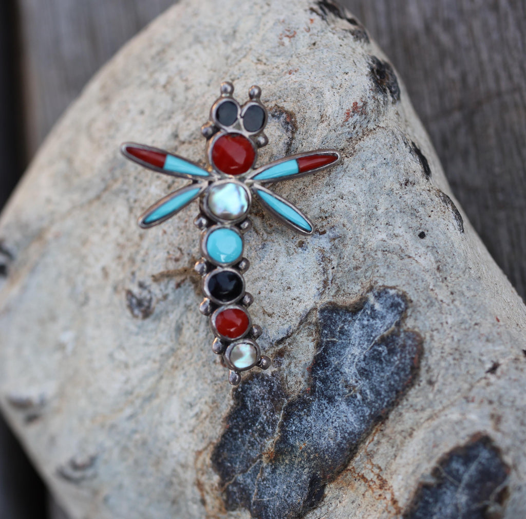 Zuni Dragonfly Pin Multi Stone Inlay Sterling Silver Signed Turquoise Coral