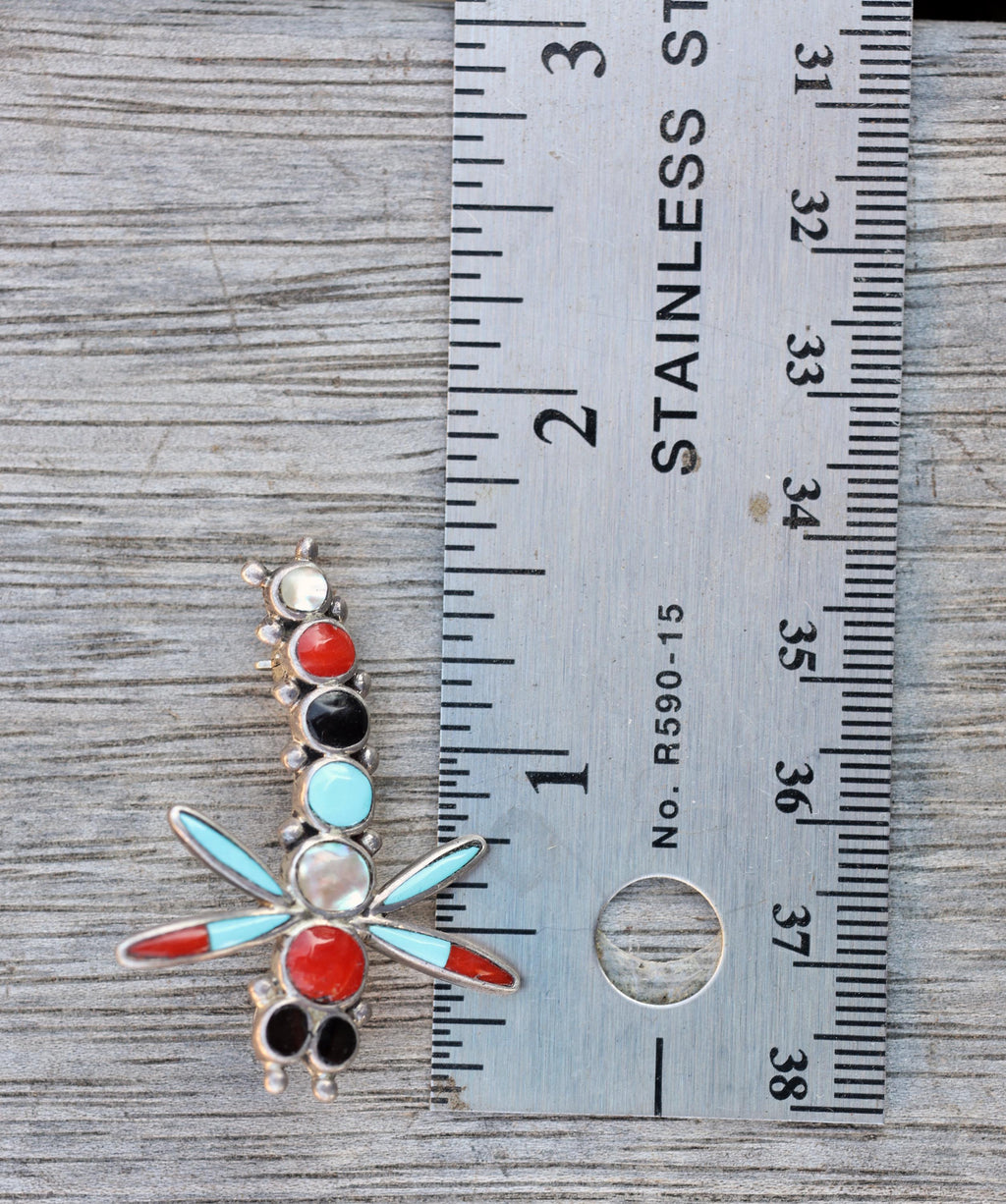 Zuni Dragonfly Pin Multi Stone Inlay Sterling Silver Signed Turquoise Coral