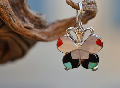 Allison Dishta Zuni Butterfly Earrings, Sterling Silver Multistone Inlay Dangle, Natkve American made