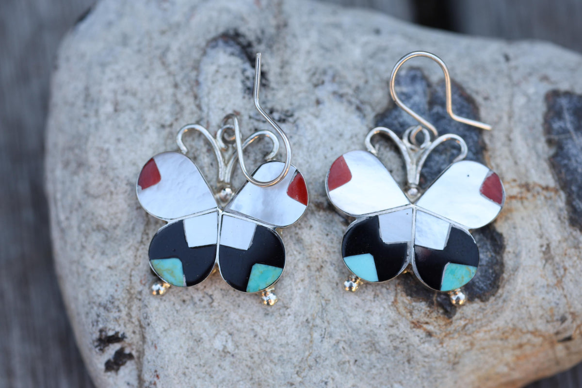 Allison Dishta Zuni Butterfly Earrings, Sterling Silver Multistone Inlay Dangle, Natkve American made