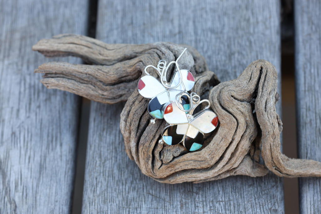 Allison Dishta Zuni Butterfly Earrings, Sterling Silver Multistone Inlay Dangle, Natkve American made