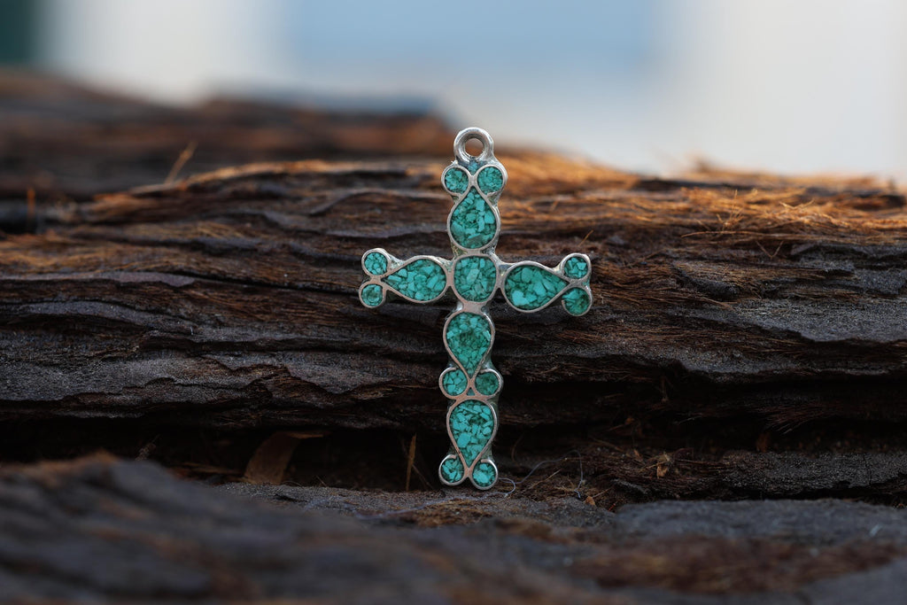 Turquoise Chip Inlay Cross Pendant Mexican Silver Southwestern