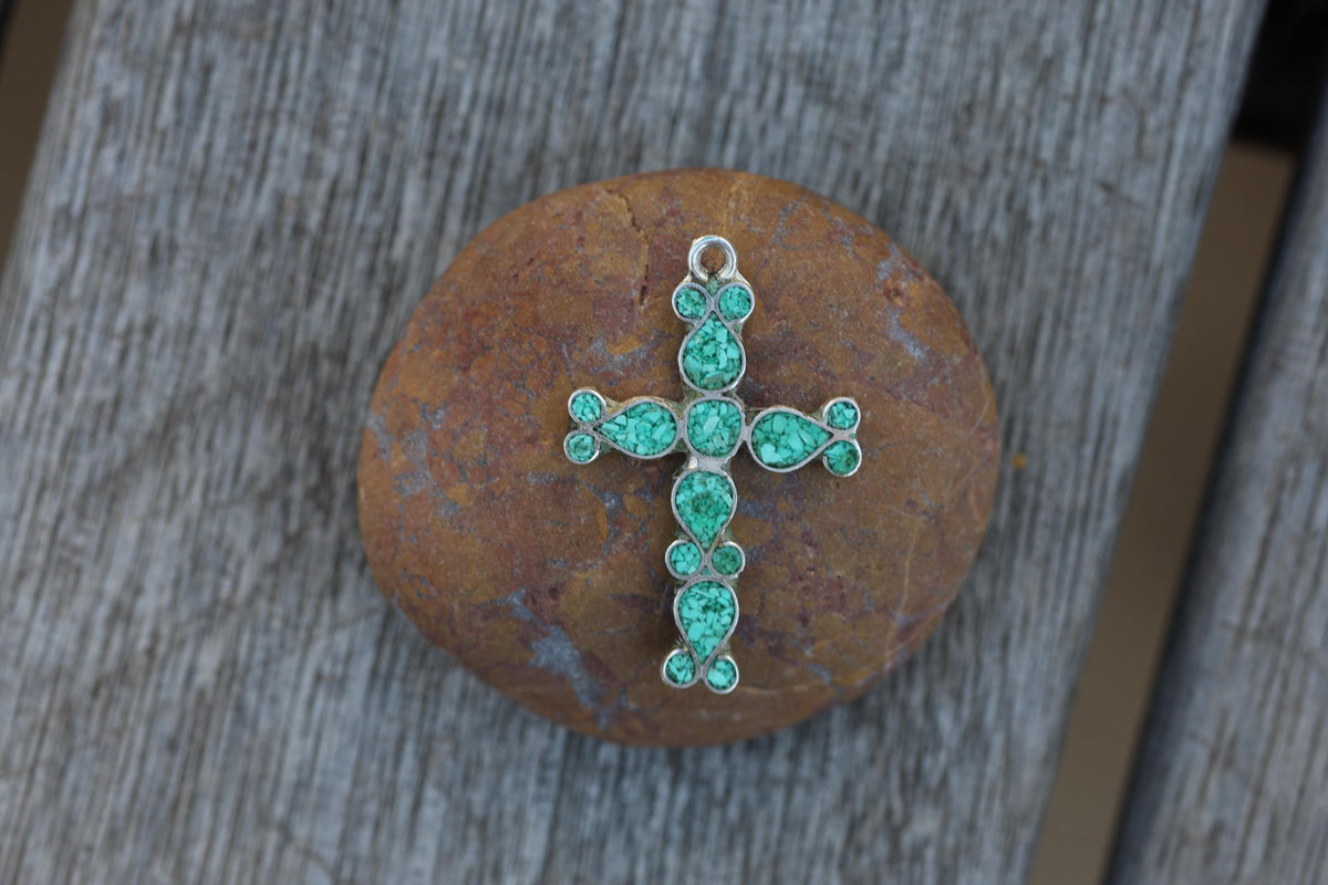 Turquoise Chip Inlay Cross Pendant Mexican Silver Southwestern