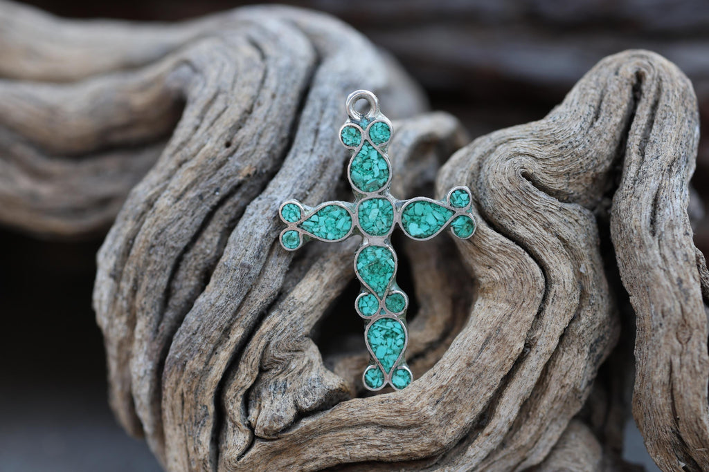 Turquoise Chip Inlay Cross Pendant Mexican Silver Southwestern