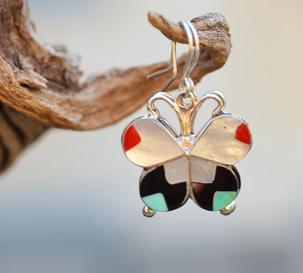 Allison Dishta Zuni Butterfly Earrings, Sterling Silver Multistone Inlay Dangle, Natkve American made