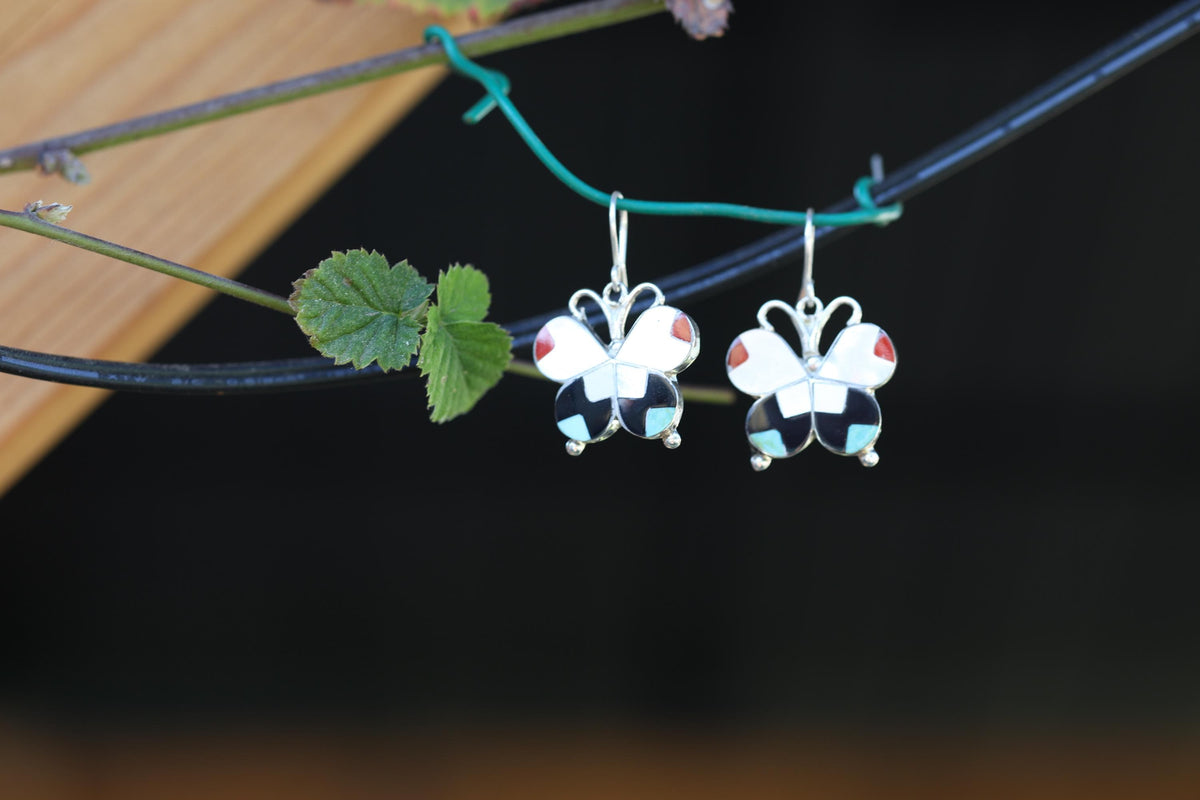 Allison Dishta Zuni Butterfly Earrings, Sterling Silver Multistone Inlay Dangle, Natkve American made