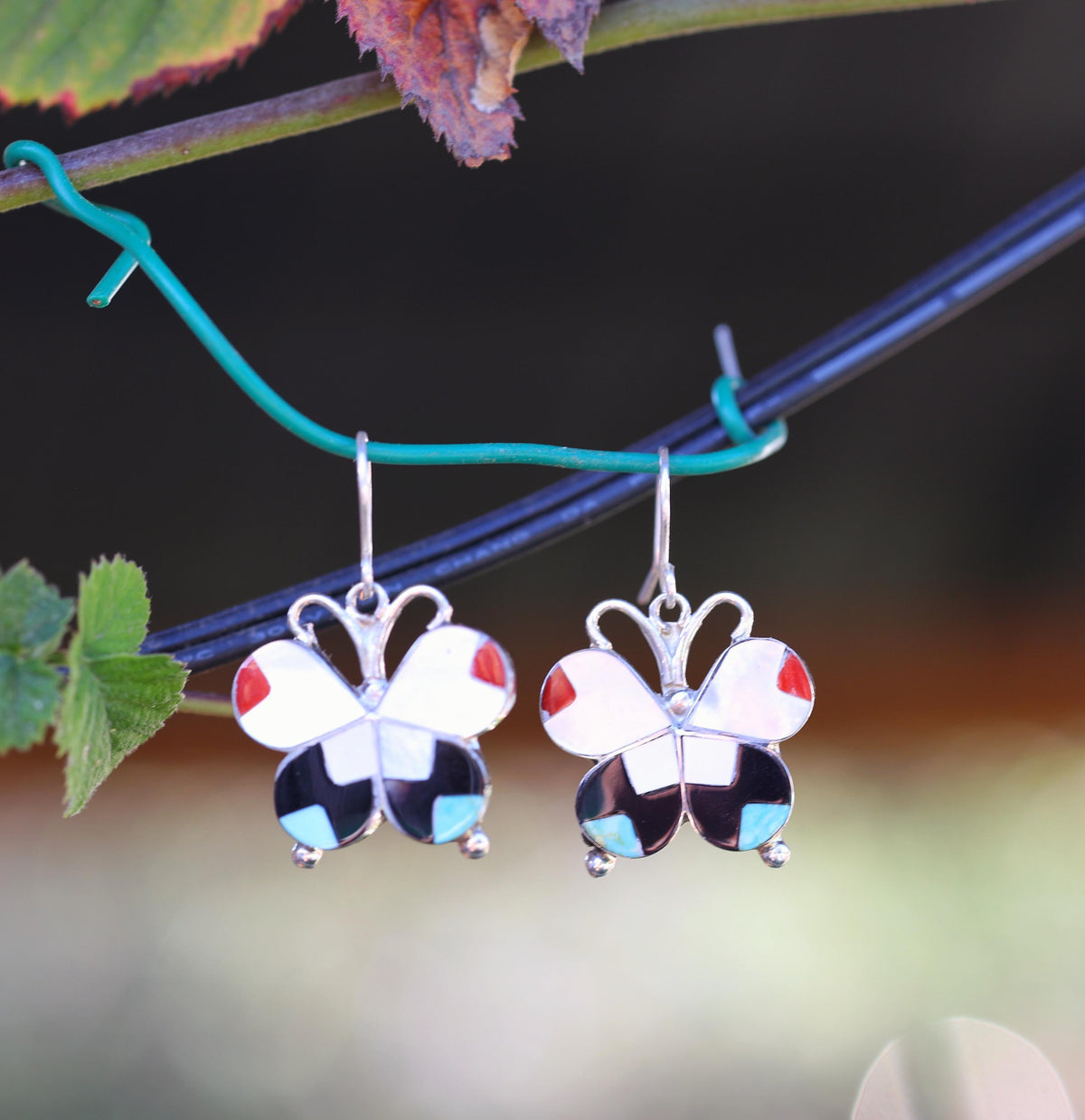 Allison Dishta Zuni Butterfly Earrings, Sterling Silver Multistone Inlay Dangle, Natkve American made