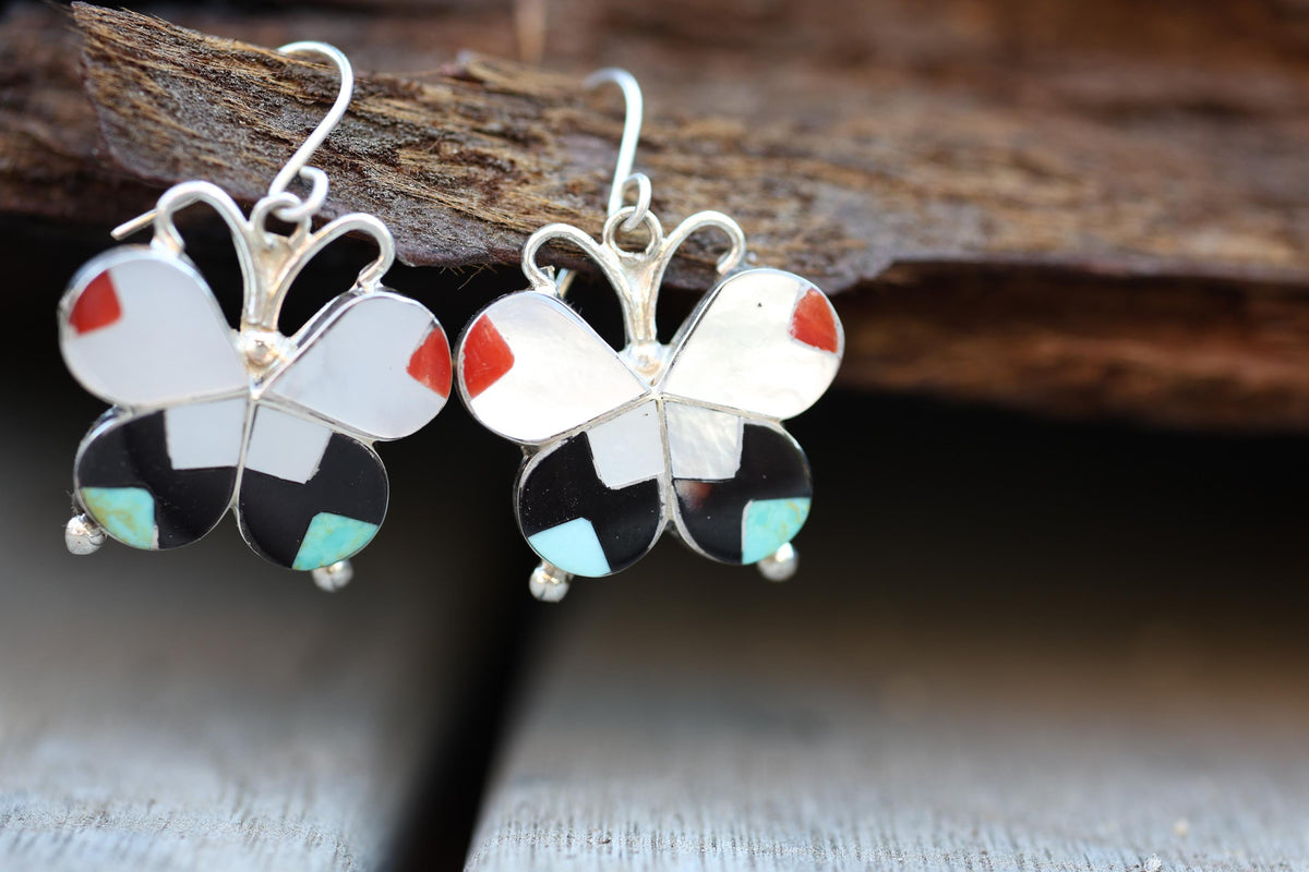 Allison Dishta Zuni Butterfly Earrings, Sterling Silver Multistone Inlay Dangle, Natkve American made