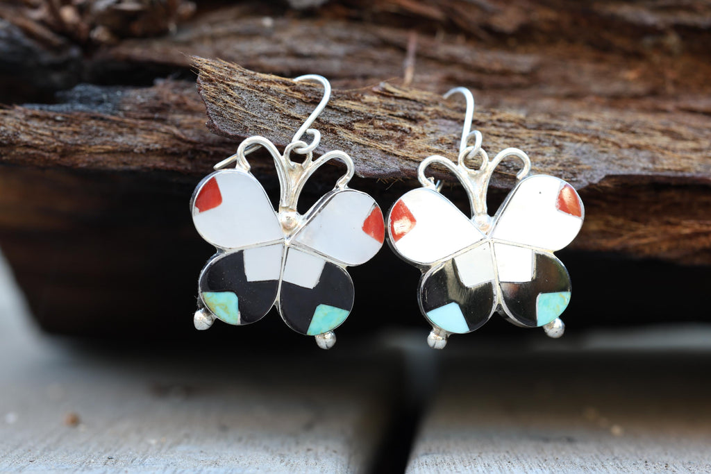 Allison Dishta Zuni Butterfly Earrings, Sterling Silver Multistone Inlay Dangle, Natkve American made