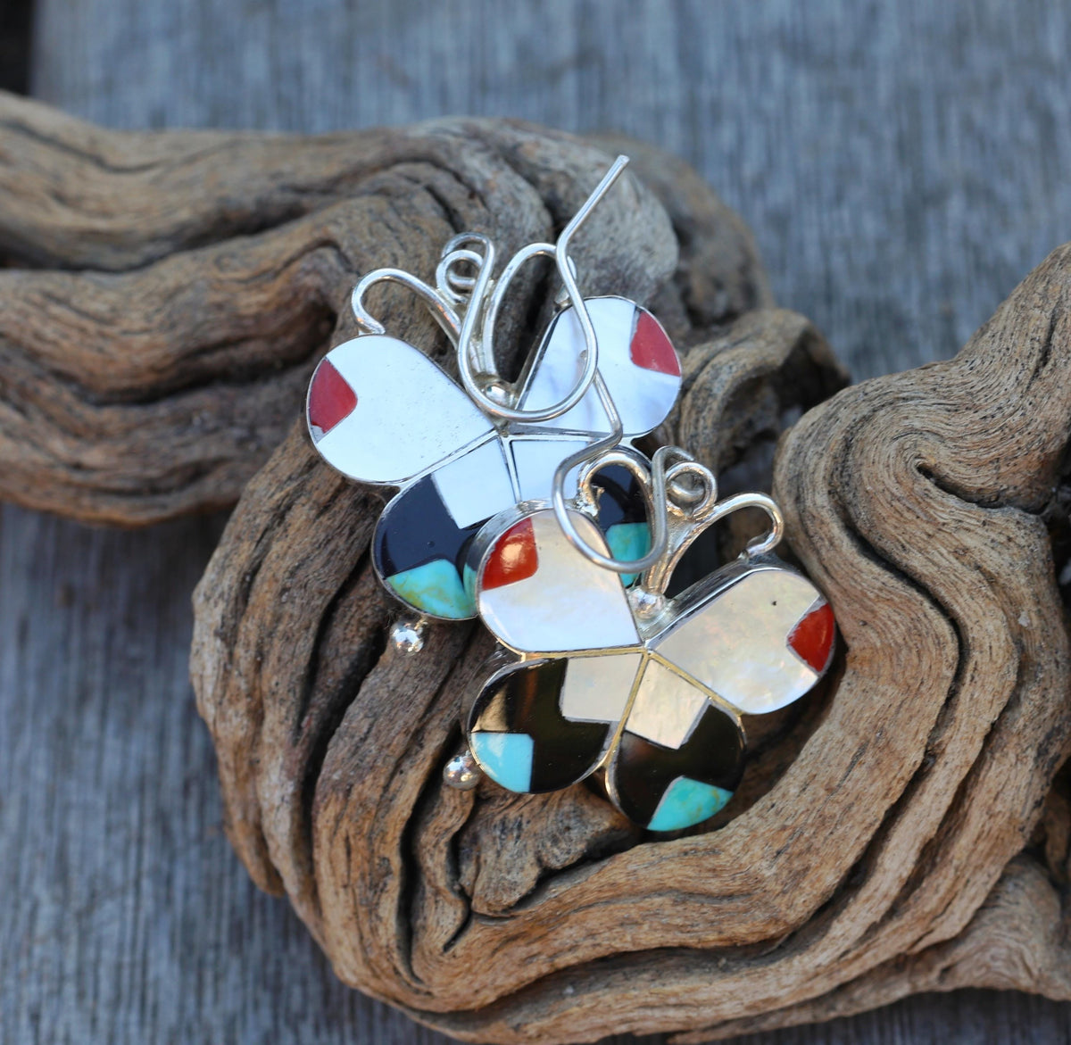 Allison Dishta Zuni Butterfly Earrings, Sterling Silver Multistone Inlay Dangle, Natkve American made