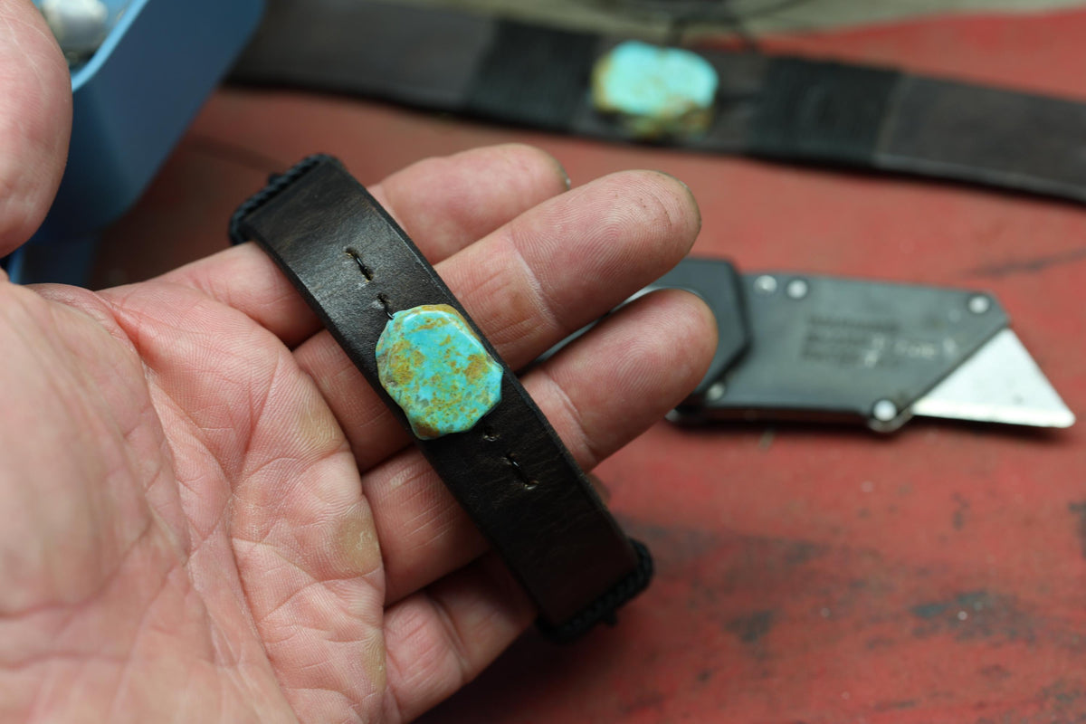 Hand-Dyed Leather Cuff Bracelet with Kingman Turquoise | Southwest Boho Style
