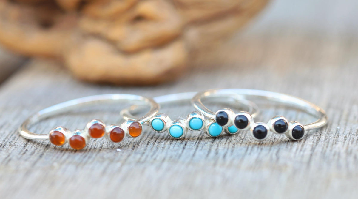 Sterling Silver Southwest Stacking Ring, Turquoise, Onyx, Carnelian Cabochon Band