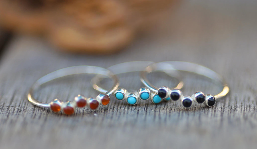 Sterling Silver Southwest Stacking Ring, Turquoise, Onyx, Carnelian Cabochon Band