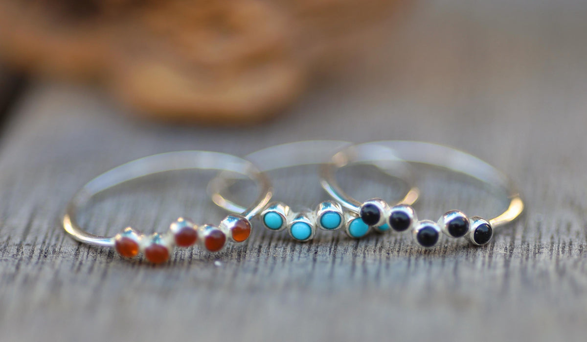 Sterling Silver Southwest Stacking Ring, Turquoise, Onyx, Carnelian Cabochon Band