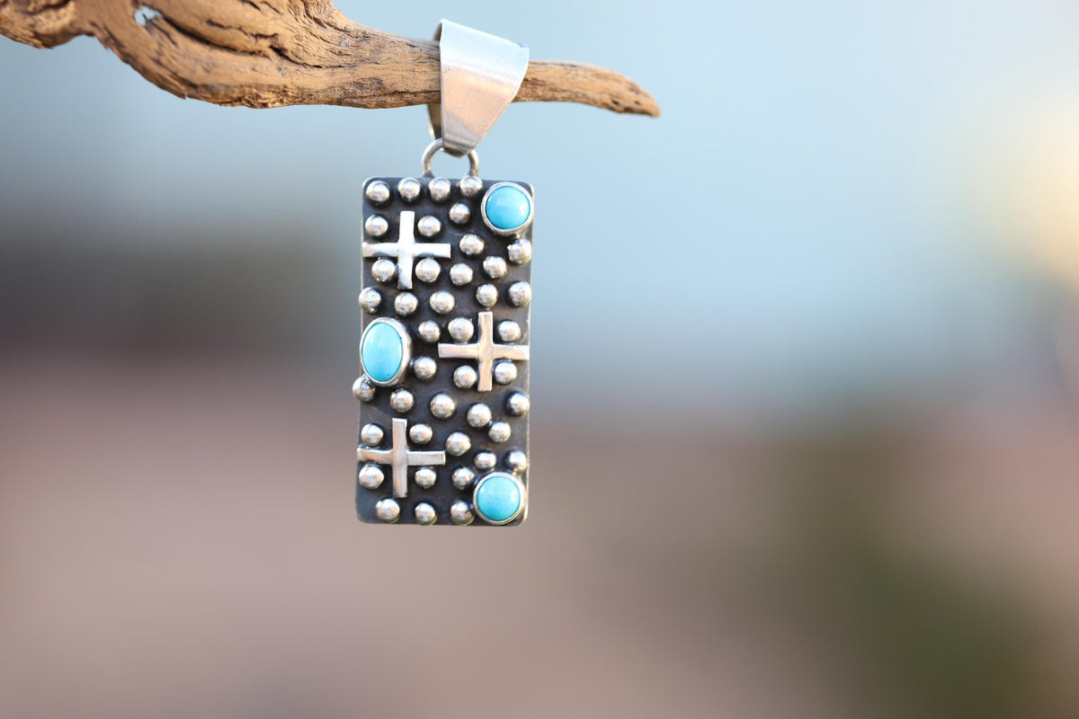 Turquoise Cross Pendant Navajo Native American Sterling Silver Signed Ronnie Willie Tufa Cast Southwest Statement Neckla