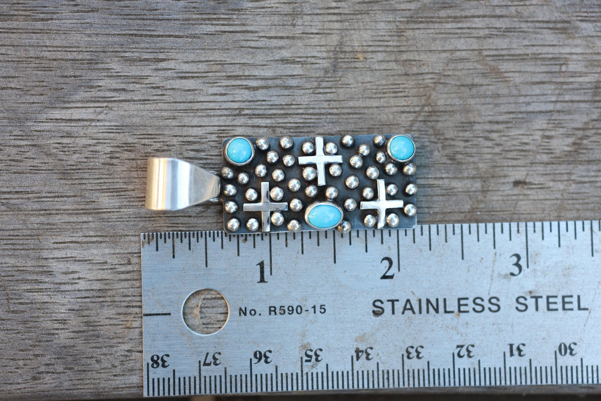 Turquoise Cross Pendant Navajo Native American Sterling Silver Signed Ronnie Willie Tufa Cast Southwest Statement Neckla