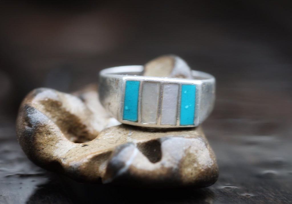 Sterling Silver Turquoise Mother-of-Pearl Inlay Band Ring, Zuni Style, Size 11.75