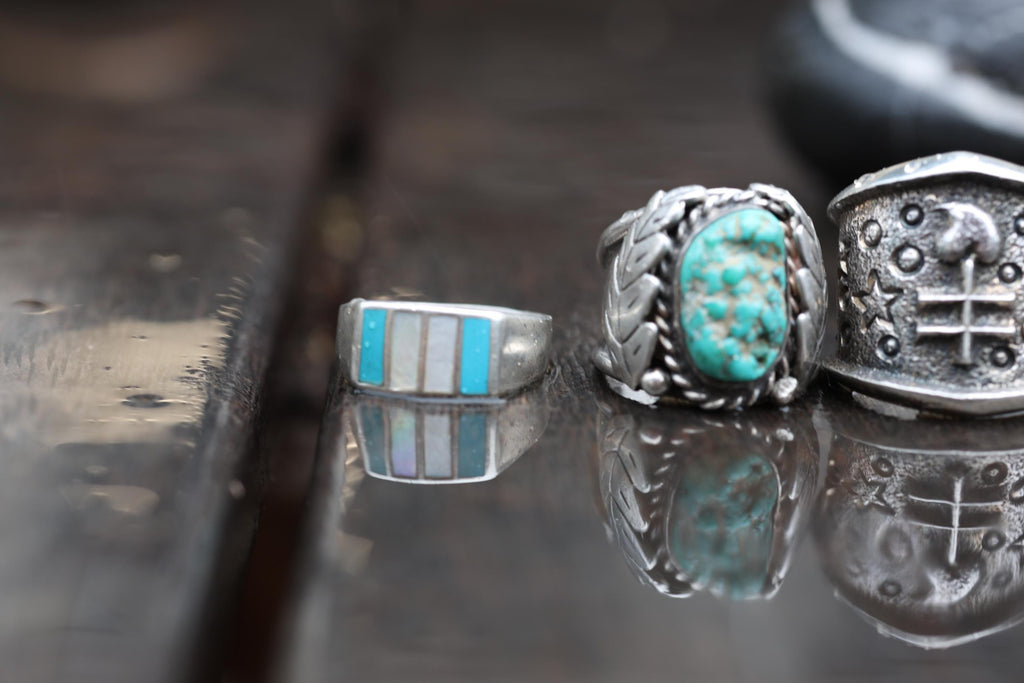 Sterling Silver Turquoise Mother-of-Pearl Inlay Band Ring, Zuni Style, Size 11.75