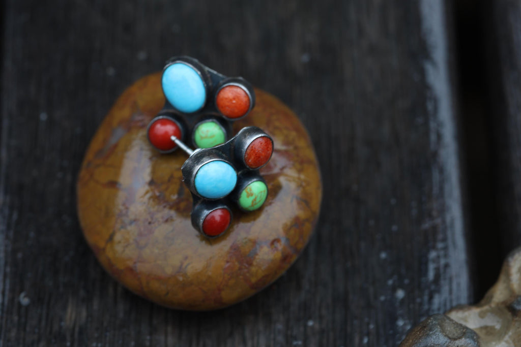 Kee C. Cook Navajo Sterling Silver Turquoise and Coral Cluster Earrings, Signed Vintage Native American Post Earrings