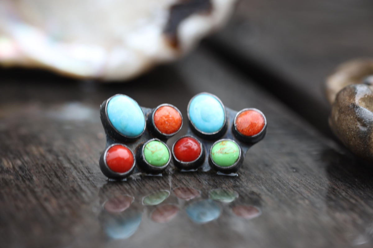 Kee C. Cook Navajo Sterling Silver Turquoise and Coral Cluster Earrings, Signed Vintage Native American Post Earrings