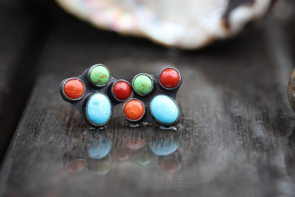 Kee C. Cook Navajo Sterling Silver Turquoise and Coral Cluster Earrings, Signed Vintage Native American Post Earrings