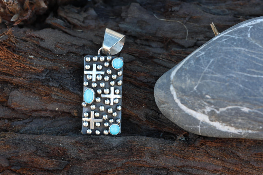 Turquoise Cross Pendant Navajo Native American Sterling Silver Signed Ronnie Willie Tufa Cast Southwest Statement Neckla