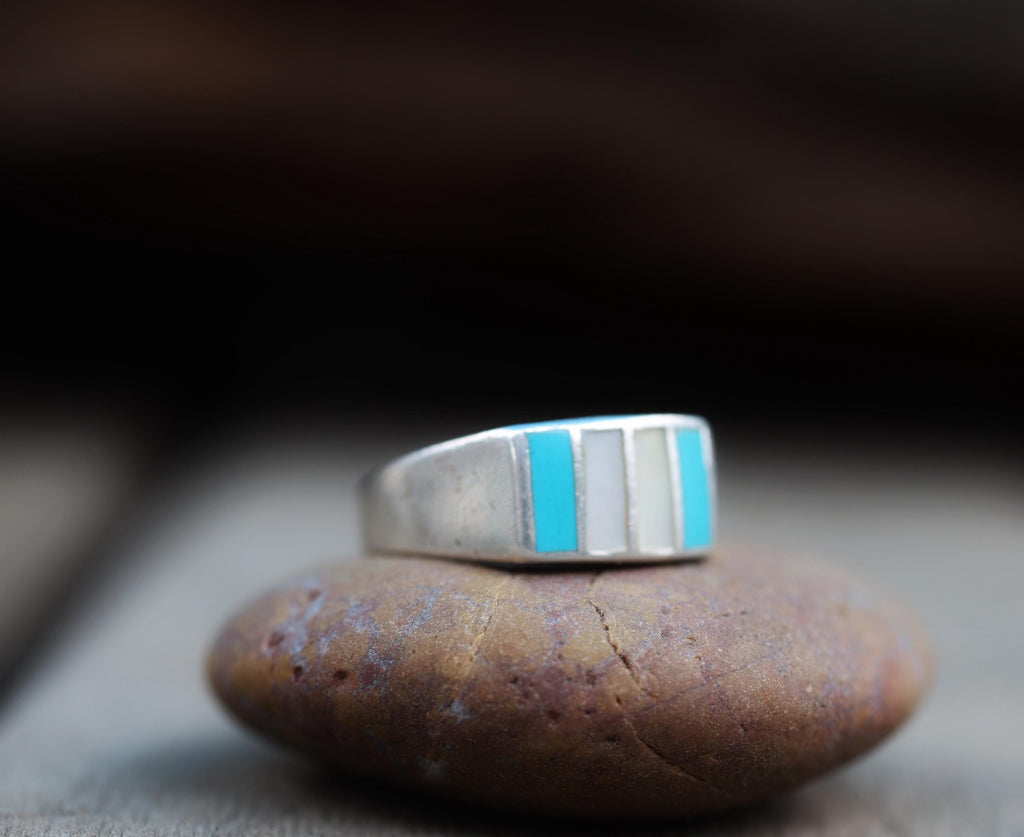 Sterling Silver Turquoise Mother-of-Pearl Inlay Band Ring, Zuni Style, Size 11.75