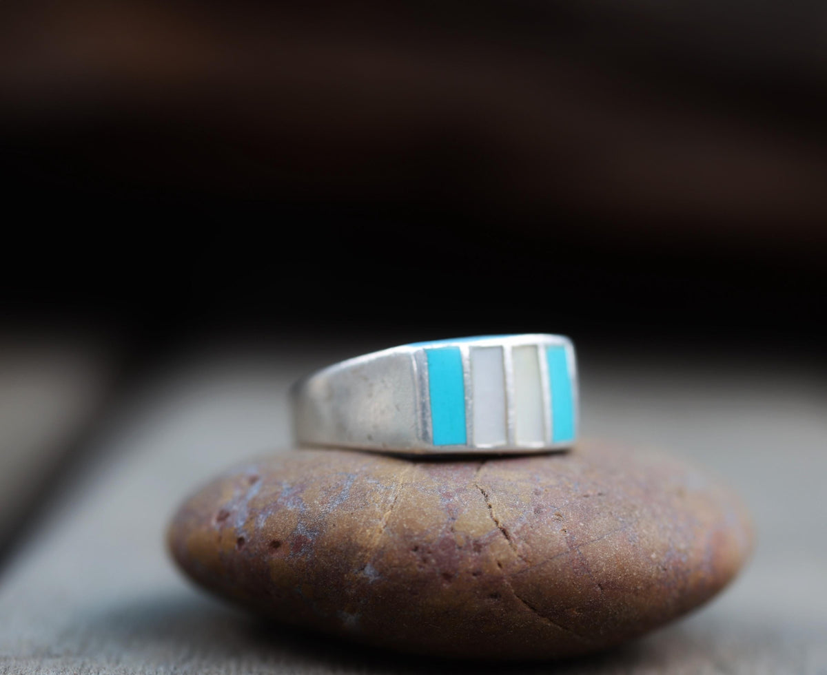 Sterling Silver Turquoise Mother-of-Pearl Inlay Band Ring, Zuni Style, Size 11.75