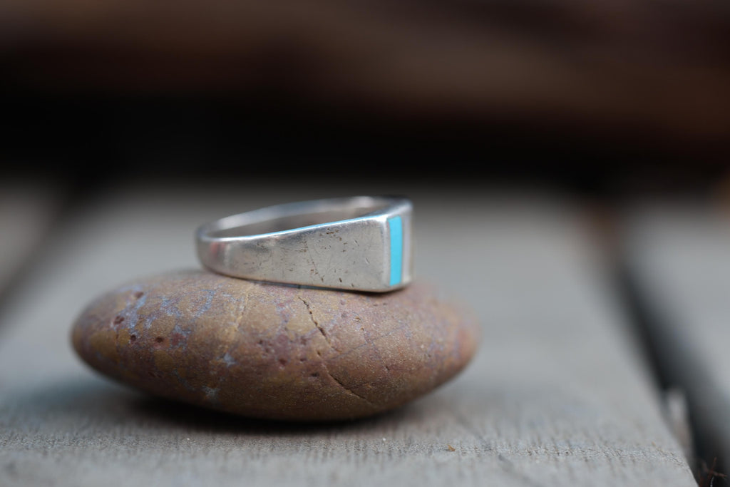 Sterling Silver Turquoise Mother-of-Pearl Inlay Band Ring, Zuni Style, Size 11.75