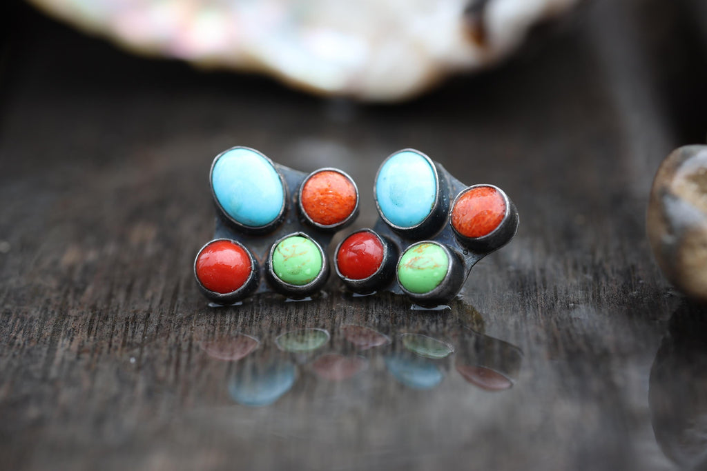 Kee C. Cook Navajo Sterling Silver Turquoise and Coral Cluster Earrings, Signed Vintage Native American Post Earrings