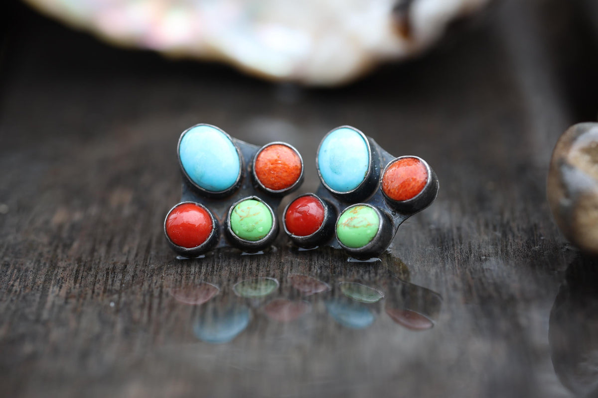 Kee C. Cook Navajo Sterling Silver Turquoise and Coral Cluster Earrings, Signed Vintage Native American Post Earrings