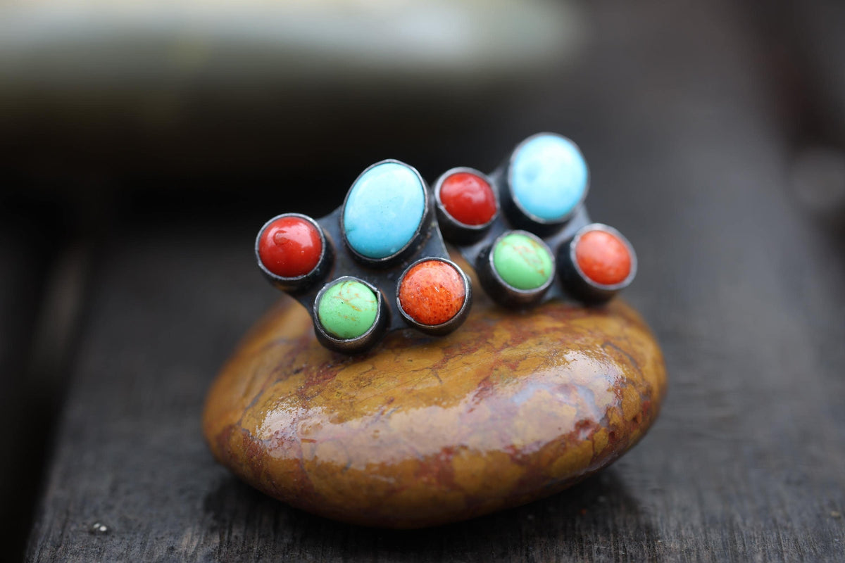 Kee C. Cook Navajo Sterling Silver Turquoise and Coral Cluster Earrings, Signed Vintage Native American Post Earrings