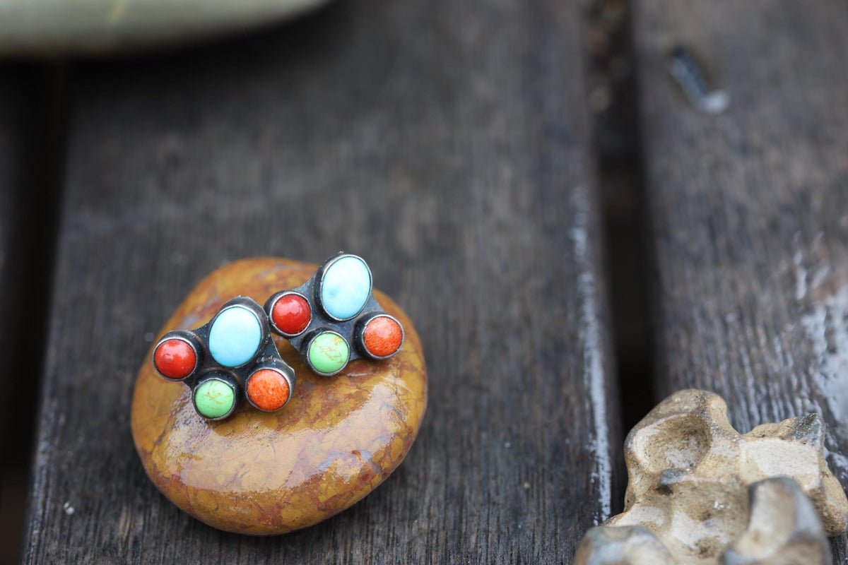 Kee C. Cook Navajo Sterling Silver Turquoise and Coral Cluster Earrings, Signed Vintage Native American Post Earrings